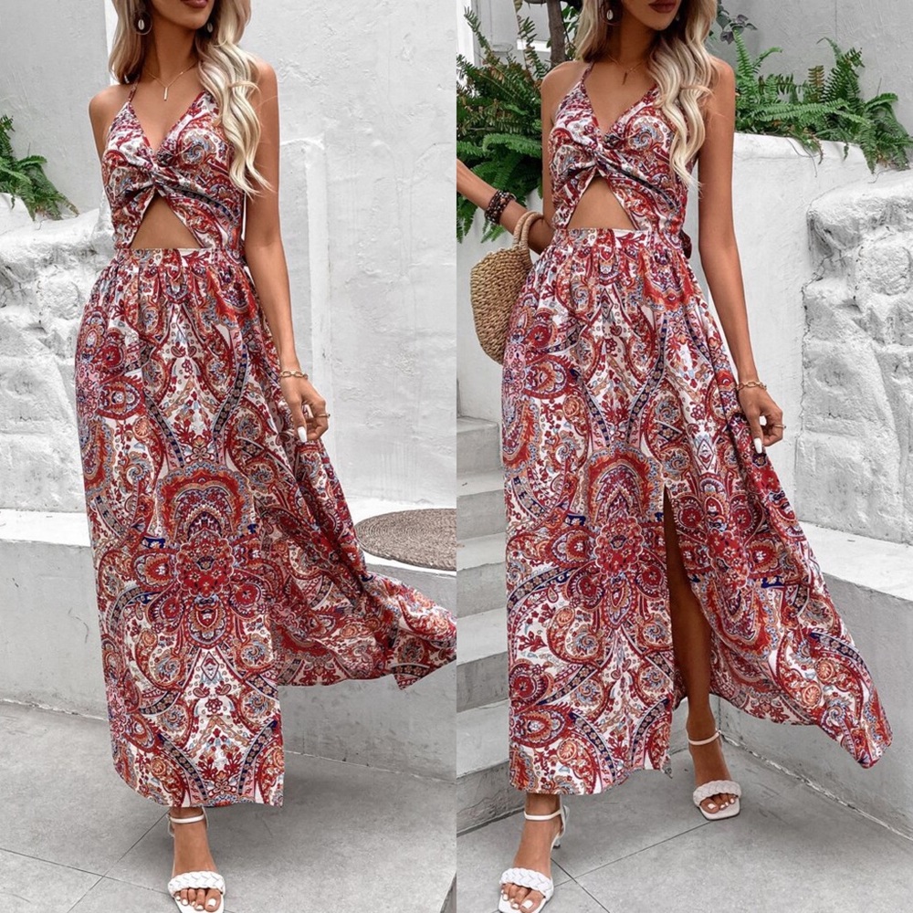 🌺 BOHO RED MULTI PAISLEY SLIT MAXI DRESS! - Picture 3 of 4